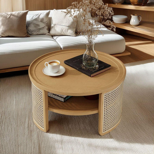 2-Tiered Round Natural Wood Coffee Table with Storage Rattan Base in 31.3"