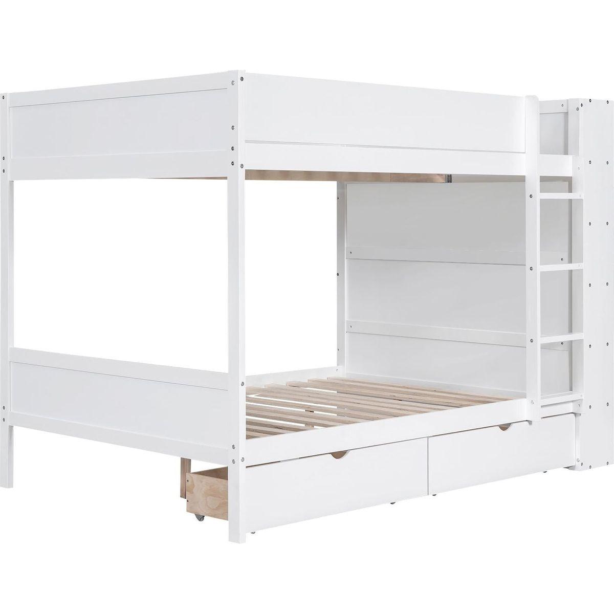 Full over Full Bunk Bed With 2 Drawers and Multi-layer Cabinet, White
