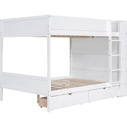 Full over Full Bunk Bed With 2 Drawers and Multi-layer Cabinet, White