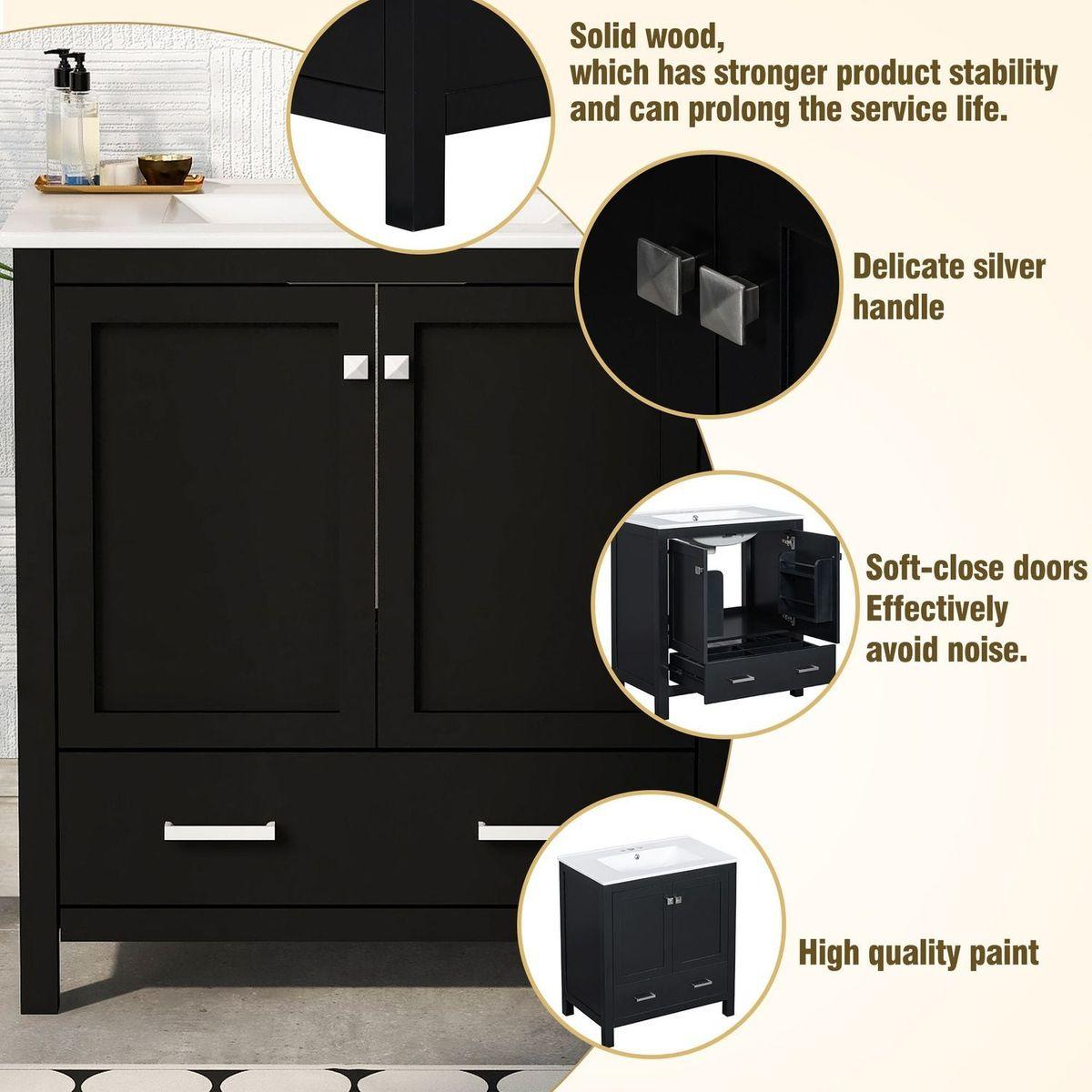 30" Black Bathroom Vanity with Single Sink, Combo Cabinet Undermount Sink, Bathroom Storage Cabinet with 2 Doors and a Drawer, Soft Closing, Multifunctional Storage, Solid Wood Frame