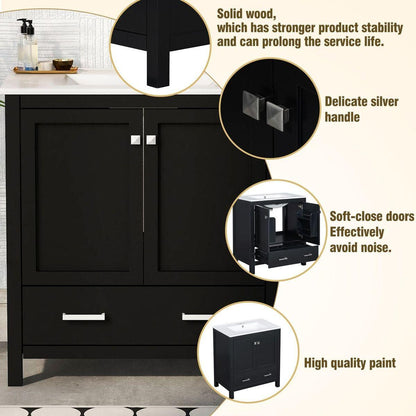 30" Black Bathroom Vanity with Single Sink, Combo Cabinet Undermount Sink, Bathroom Storage Cabinet with 2 Doors and a Drawer, Soft Closing, Multifunctional Storage, Solid Wood Frame