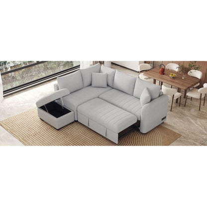 82.6" L-shaped Sectional Pull Out Sofa Bed Sleeper Sofa with Two USB Ports, Two Power Sockets and a Movable Storage Ottoman, Gray