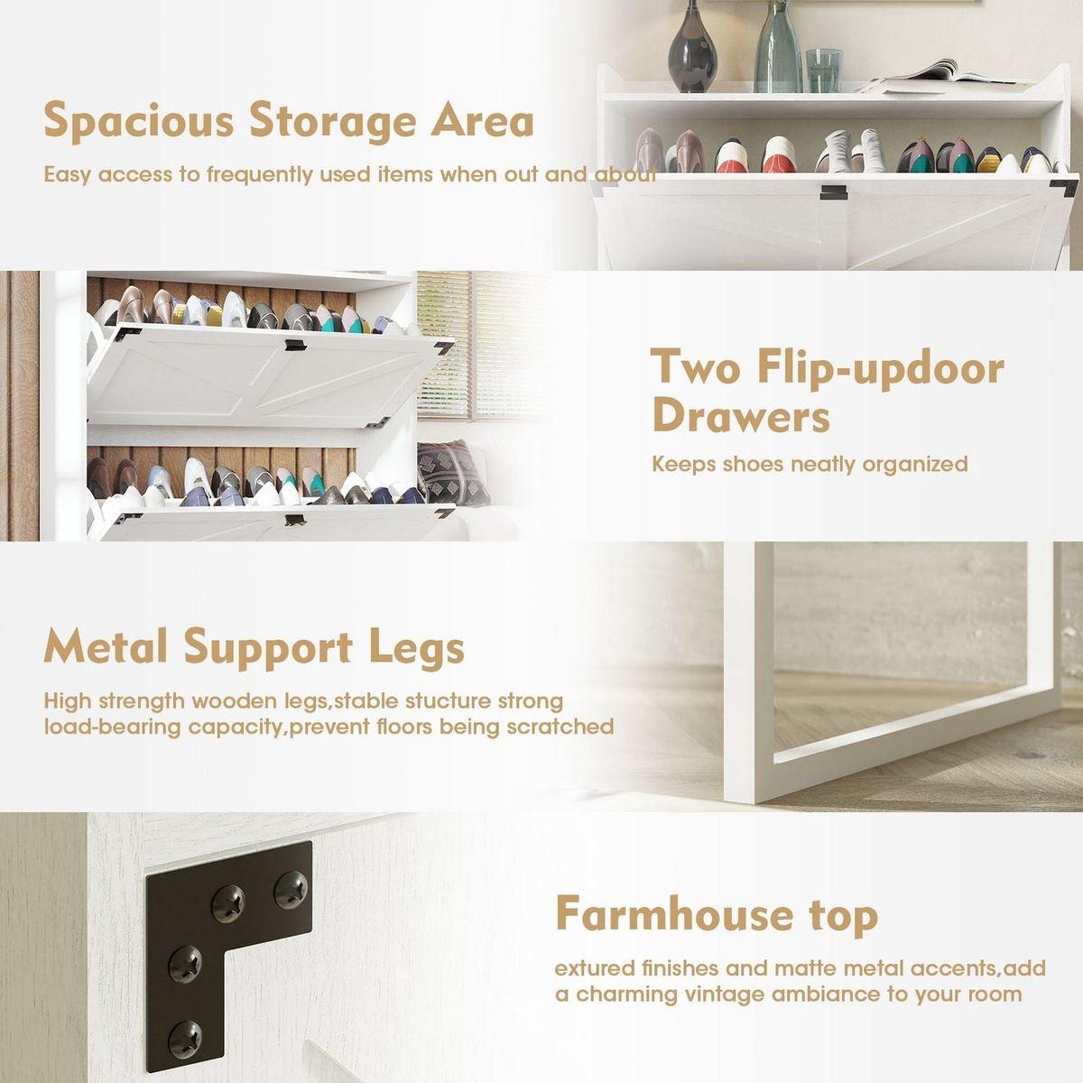 Shoe Cabinet with 2 Flip Drawers,Shoe Storage Cabinet for Entryway,Freestanding Shoe Cabinet Organizer with Open Storage,Narrow Farmhouse Shoe Rack with Metal Corner Decoration Legs,White