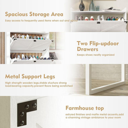 Shoe Cabinet with 2 Flip Drawers,Shoe Storage Cabinet for Entryway,Freestanding Shoe Cabinet Organizer with Open Storage,Narrow Farmhouse Shoe Rack with Metal Corner Decoration Legs,White