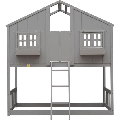 Twin over Twin House Bunk Bed with Roof, Window, Window Box, Door, with Safety Guardrails and Ladder, Grey