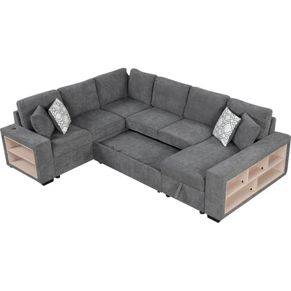 109" U-shaped Sectional Sofa Pull-out Sofa Bed with Two USB Ports, a Storage Chaise Lounge and Four Back Pillows for Living Room, Grey