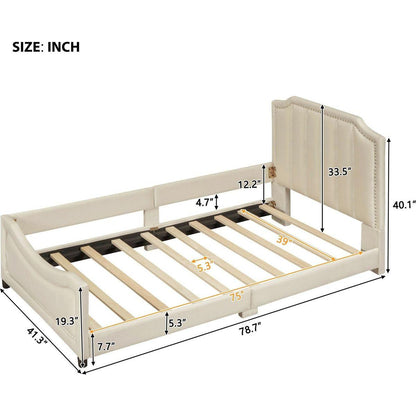Twin Size Upholstered Daybed with Classic Stripe Shaped Headboard, Beige