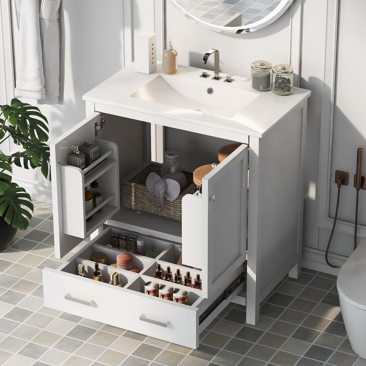 30" White Bathroom Vanity with Single Sink, Combo Cabinet Undermount Sink, Bathroom Storage Cabinet with 2 Doors and a Drawer, Soft Closing, Multifunctional Storage, Solid Wood Frame