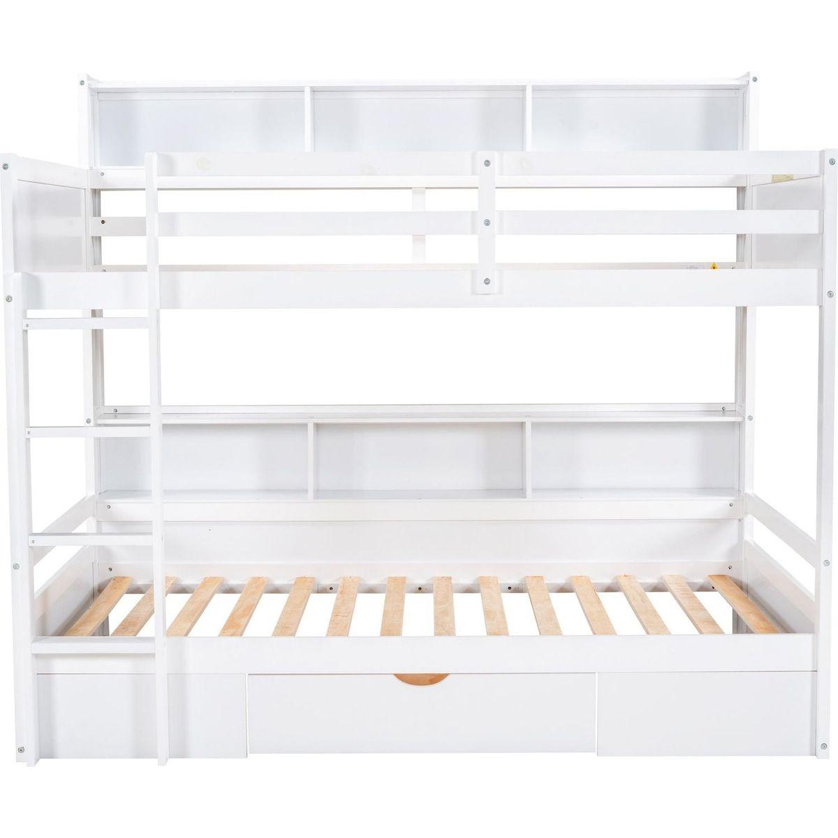 Twin Size Bunk Bed with Built-in Shelves Beside both Upper and Down Bed and Storage Drawer,White