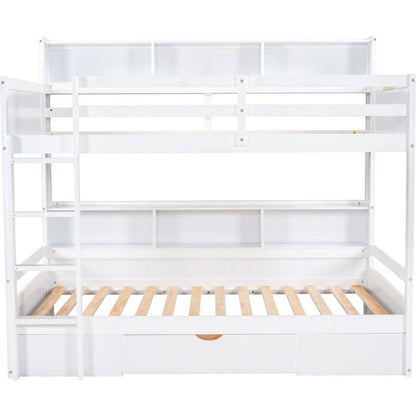 Twin Size Bunk Bed with Built-in Shelves Beside both Upper and Down Bed and Storage Drawer,White