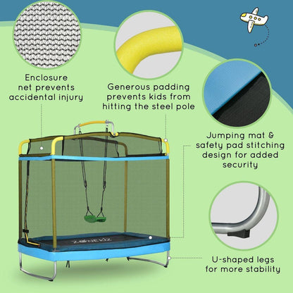 Qaba 3-in-1 Trampoline for Kids, 6.9' Kids Trampoline with Enclosure, Swing, Gymnastics Bar, Toddler Trampoline for Outdoor/Indoor Use, Light Blue