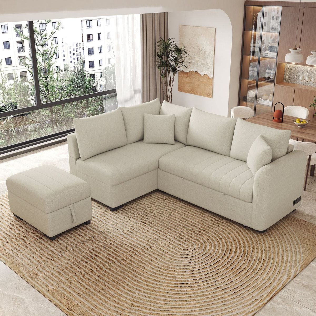 82.6" L-shaped Sectional Pull Out Sofa Bed Sleeper Sofa with Two USB Ports, Two Power Sockets and a Movable Storage Ottoman, Beige