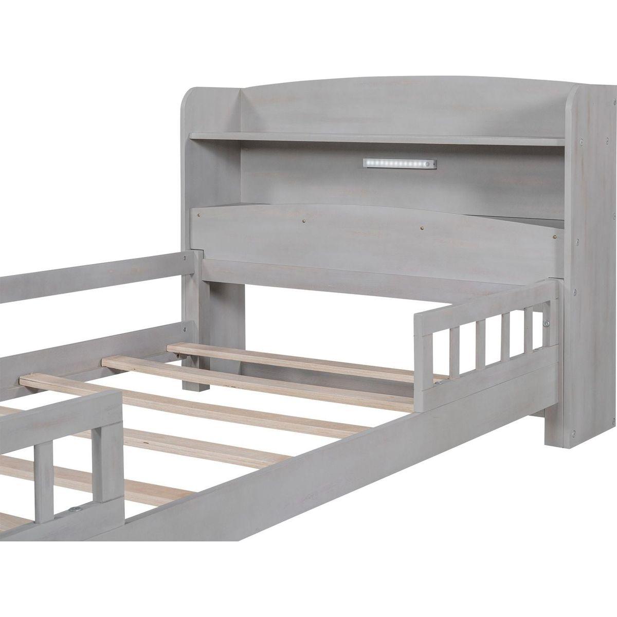 Wood Twin Size Platform Bed with Built-in LED Light, Storage Headboard and Guardrail, Antique Grey