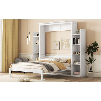 Queen Size Murphy Bed Wall Bed with Shelves and LED Lights,White