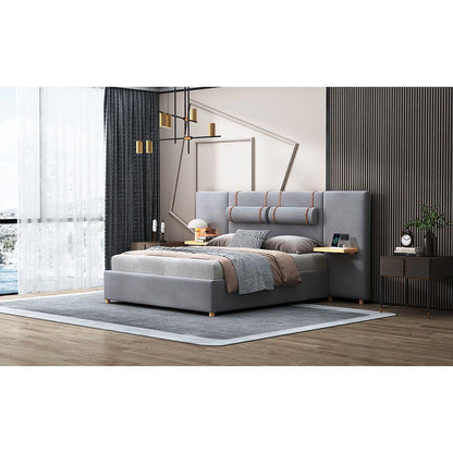 Queen Upholstered Platform Bed, Two Outlets and USB Charging Ports on Both Sides, Two Bedside Pillows, Storage Shelves, Velvet,Gray