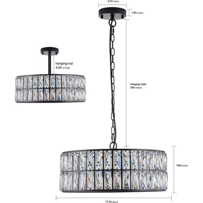 Modern Crystal Drum Chandelier, 6-Light Pendant Lighting Fixture with Black Metal Frame for Living Room, Dining Room, and Bedroom (Bulbs Not Included)