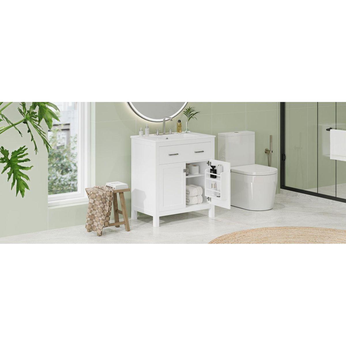 30-inch Bathroom Vanity with Ceramic Sink, Modern White Single Bathroom Cabinet with 2 Doors and a Shelf, Soft Close Doors