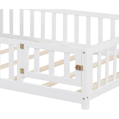 Full-size Floor Beds with Bookcases and Blackboards, Versatile Platform Beds with Guard rails, Solid Wood Floor Beds with Storage Headboards, Floor Beds for Kids and Teens White