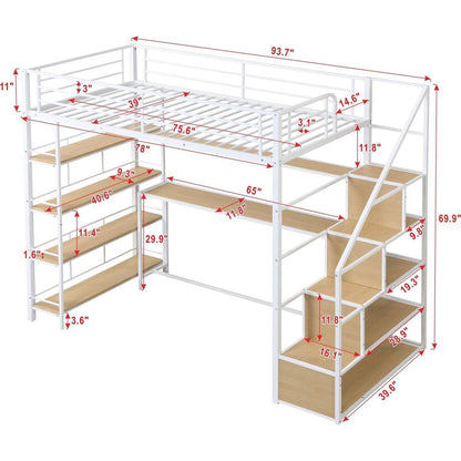 Twin Size Metal Loft bed with Staircase, Built-in Desk and Storage Shelves, White