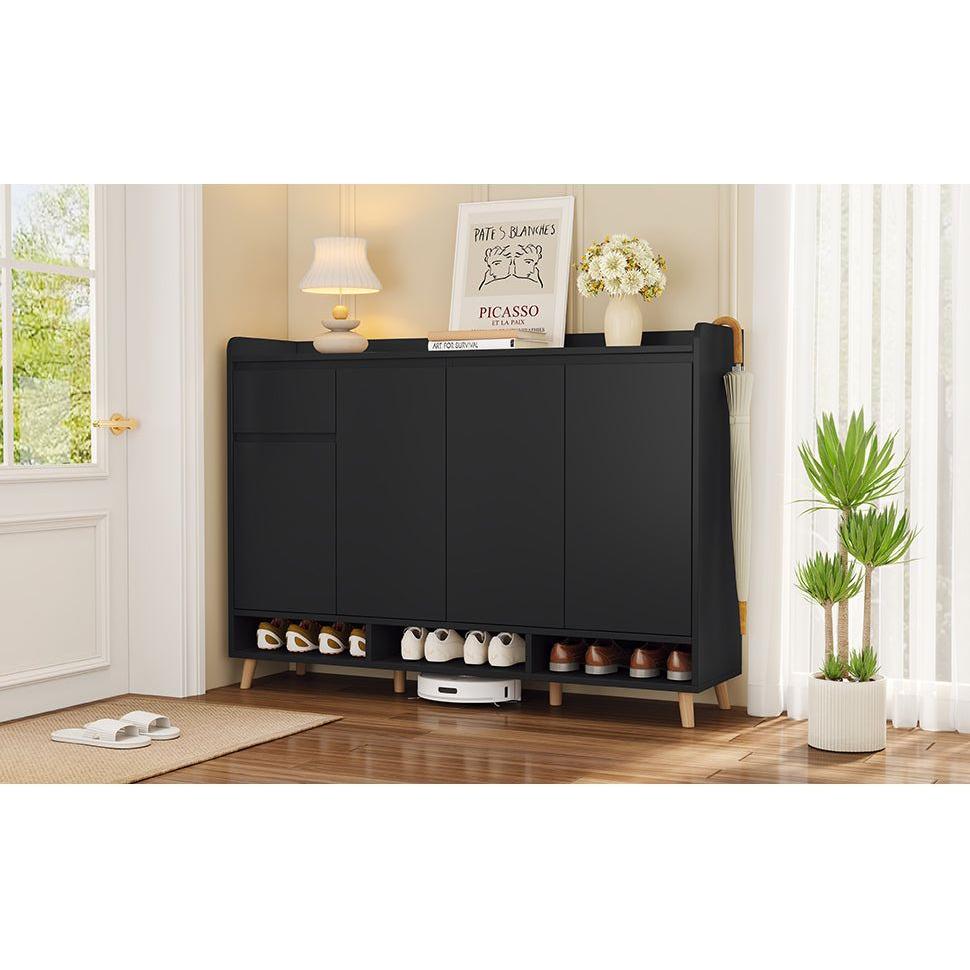 Sleek and Contemporary Shoe Cabinet with Adjustable Shelves, Minimalist Home Organizer with Solid Wood Legs, Storage Sideboard for Entryway, Living Room, Black