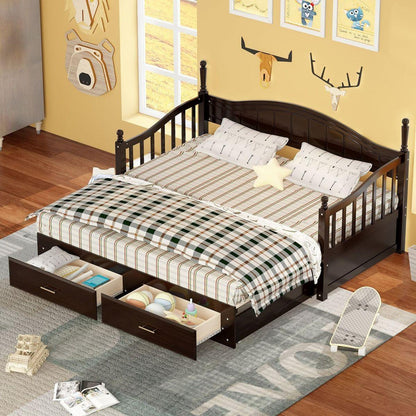 Wooden Twin Size Daybed with Twin Size Trundle, Extendable Daybed with Two Storage Drawers, Espresso
