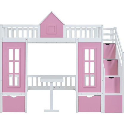 Twin-Over-Twin Bunk Bed with Changeable Table, Bunk Bed Turn into Upper Bed and Down Desk -Pink