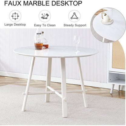 A modern minimalist circular dining table with a 42 inch diameter white patterned tabletop and white metal legs. Suitable for restaurants, living rooms, and conference rooms.