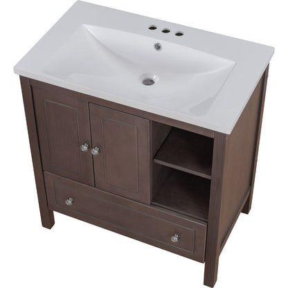 30" Bathroom Vanity with Sink, Bathroom Storage Cabinet with Doors and Drawers, Solid Wood Frame, Ceramic Sink, Brown