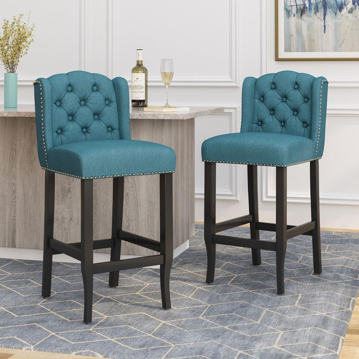 Vienna Contemporary Fabric Tufted Wingback 31 Inch Counter Stools, Set of 2, Teal and Dark Brown