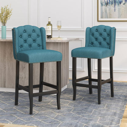Vienna Contemporary Fabric Tufted Wingback 31 Inch Counter Stools, Set of 2, Teal and Dark Brown