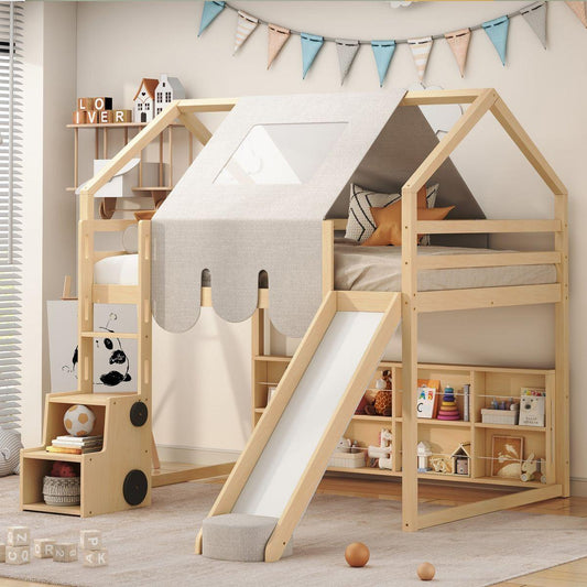 Full size Wooden Loft Bed House-shaped Frame with a Tent, Natural+Beige