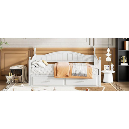 Wooden Twin Size Daybed with Twin Size Trundle, Extendable Daybed with Two Storage Drawers,White