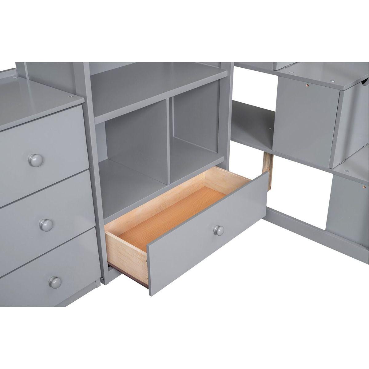 Twin Size Loft Bed with L-Shaped Desk and Drawers, Cabinet and Storage Staircase, Gray