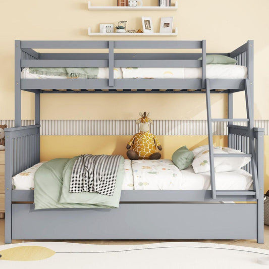 Twin Over Full Rubber Wood Bunk Bed with Trundle, Convertible Ladder and Guardrail, Detachable, Convertible Bed, with Twin Size Trundle  ,Grey