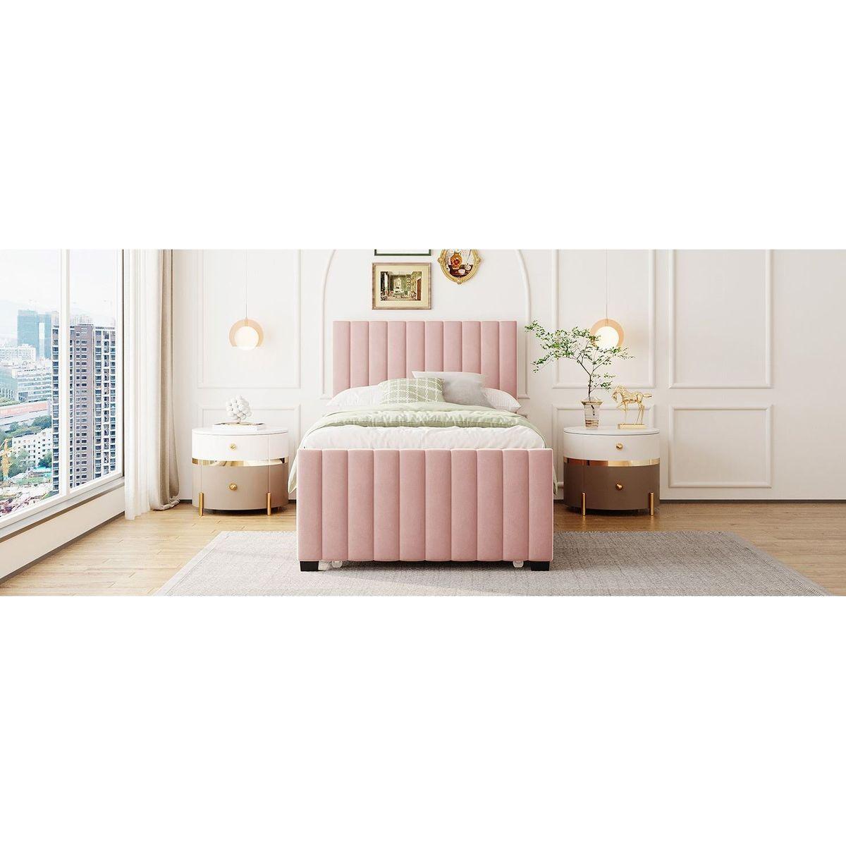 Twin Size Velvet Upholstered Platform Bed with Twin Size Trundle, Pink