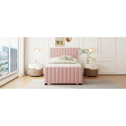 Twin Size Velvet Upholstered Platform Bed with Twin Size Trundle, Pink