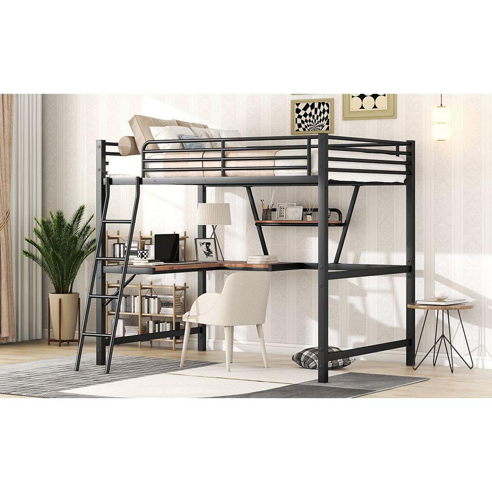 Full Size Loft Metal&MDF Bed with Desk and Shelf, Black