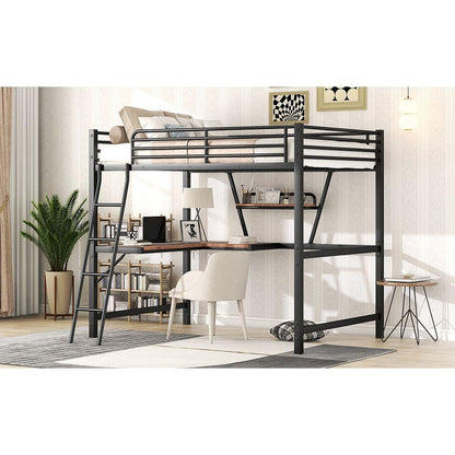 Full Size Loft Metal&MDF Bed with Desk and Shelf, Black