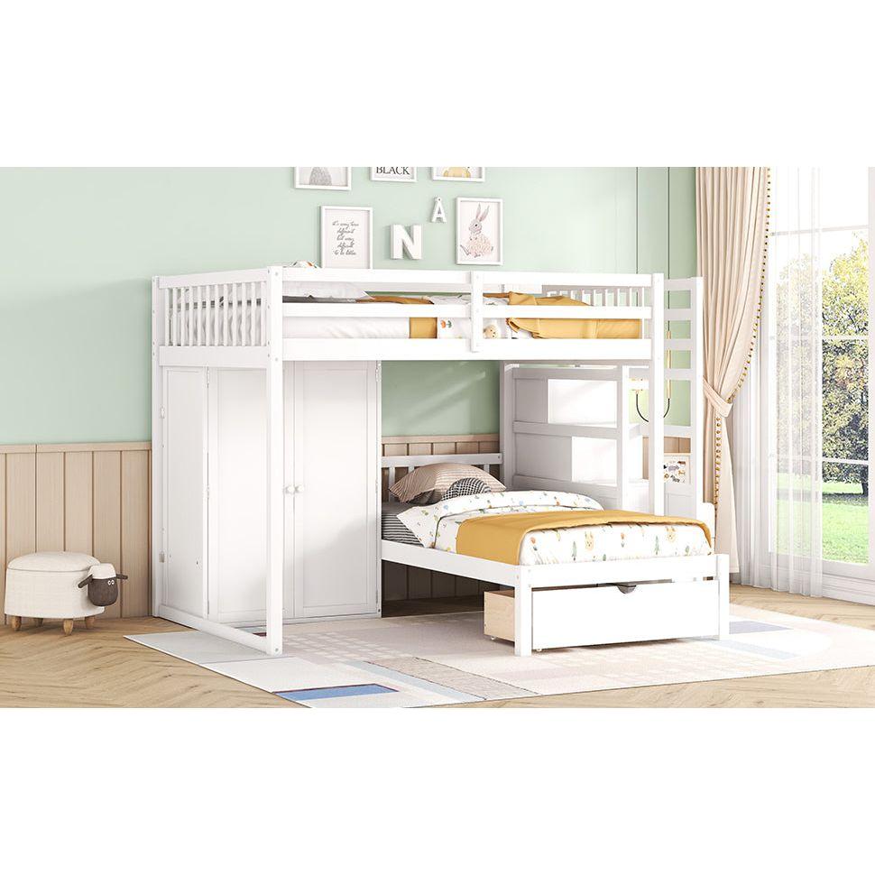 Full Over Twin Bunk Bed with Wardrobe, Drawers, White