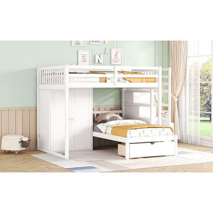 Full Over Twin Bunk Bed with Wardrobe, Drawers, White
