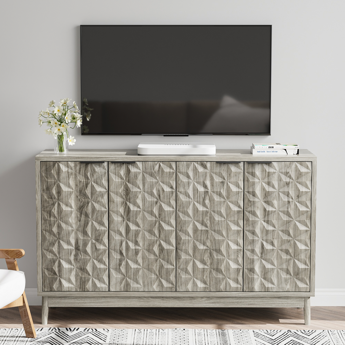 Modern Style Buffet Cabinet,Sideboard Buffet Cabinet With Storage,Storage Cabinet with 4 Diamond-shaped relief Doors For Living Room,Dining Room,Entryway,Hallway,Kitchen,Grey