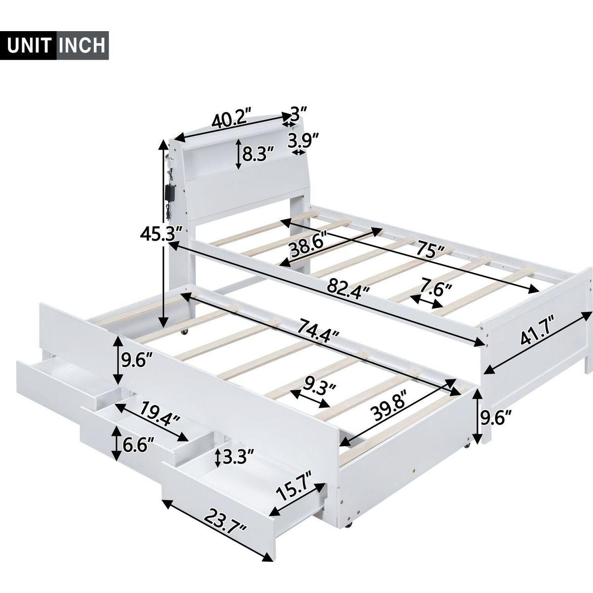 Twin Size Platform Bed with Storage LED Headboard, Twin Size Trundle and 3 Drawers, White