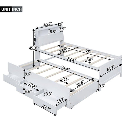 Twin Size Platform Bed with Storage LED Headboard, Twin Size Trundle and 3 Drawers, White
