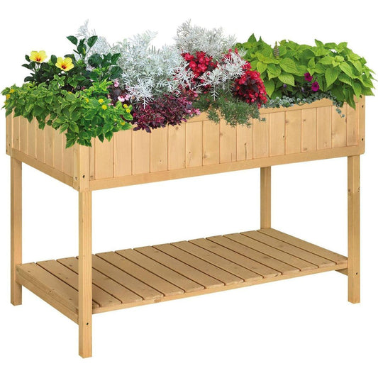 43x18x30in Raised Garden Bed with 8 Pockets and Shelf, Wooden Elevated Planter Box with Legs to Grow Herbs, Vegetables, and Flowers, Natural - Streamdale Furniture