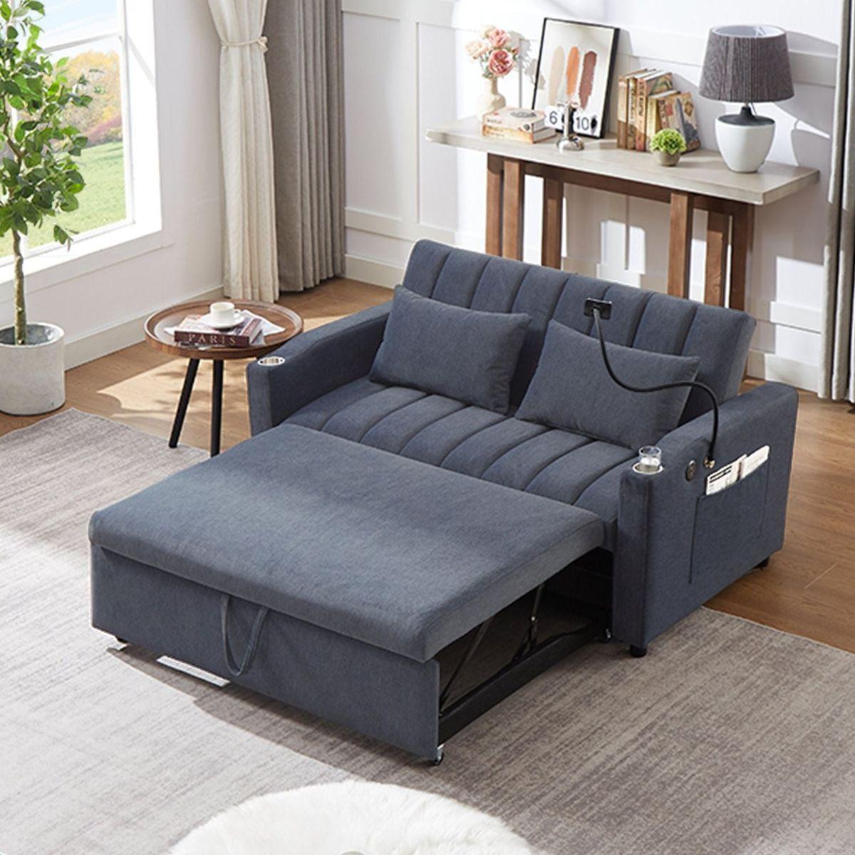 55.9" Convertible Sofa Bed Loveseat Sofa with Three USB Ports, Two Side Pockets, Two Cup Holders and 360Swivel Phone Holder for Living Room, Blue Grey