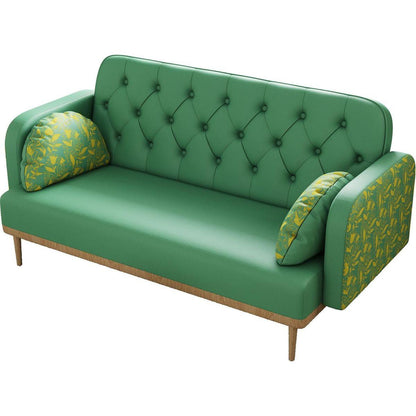 green Loveseat sofa with tulip pattern Modern Upholstered Two Seater PU Sofa with 2 dumpling-shaped throw pillows with tulip patterns