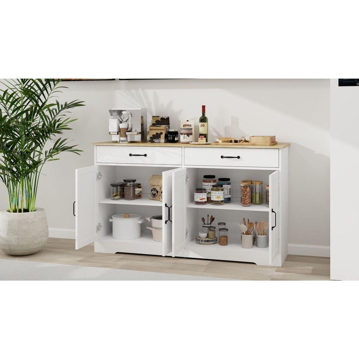55.91" Large Farmhouse Buffet Cabinet Storage Sideboard with 2 Drawers and 4 Doors for Dining Living Room Kitchen Cupboard-White