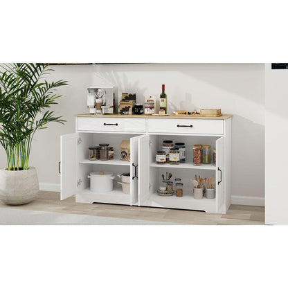 55.91" Large Farmhouse Buffet Cabinet Storage Sideboard with 2 Drawers and 4 Doors for Dining Living Room Kitchen Cupboard-White