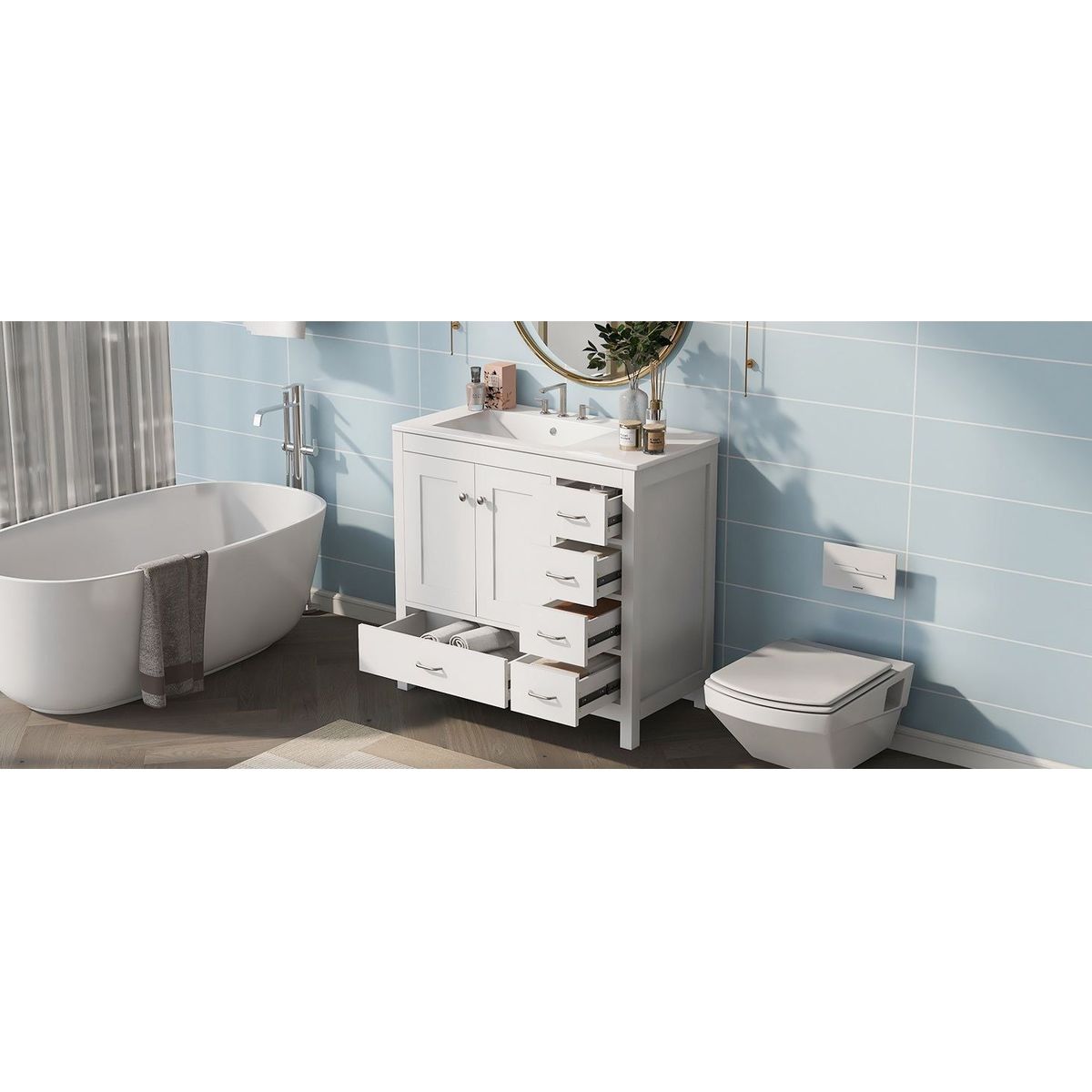 36" White Bathroom Vanity with Ceramic Sink Combo, Abundant Storage Cabinet -2 Soft-close doors and 5 drawers