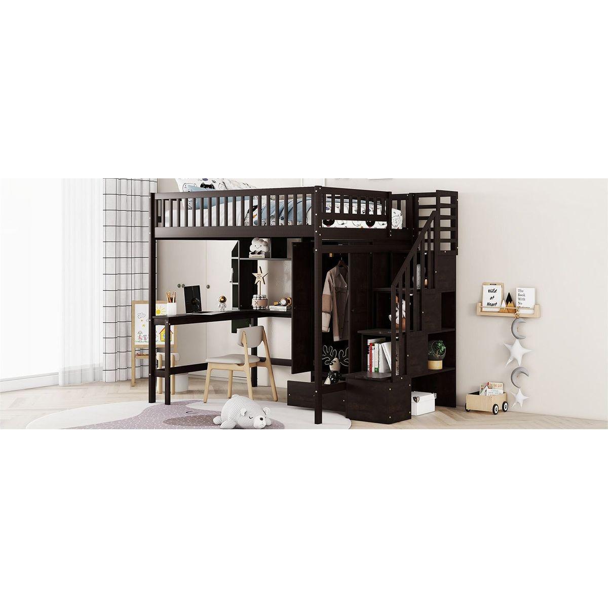 Full size Loft Bed with Bookshelf,Drawers,Desk,and Wardrobe-Espresso